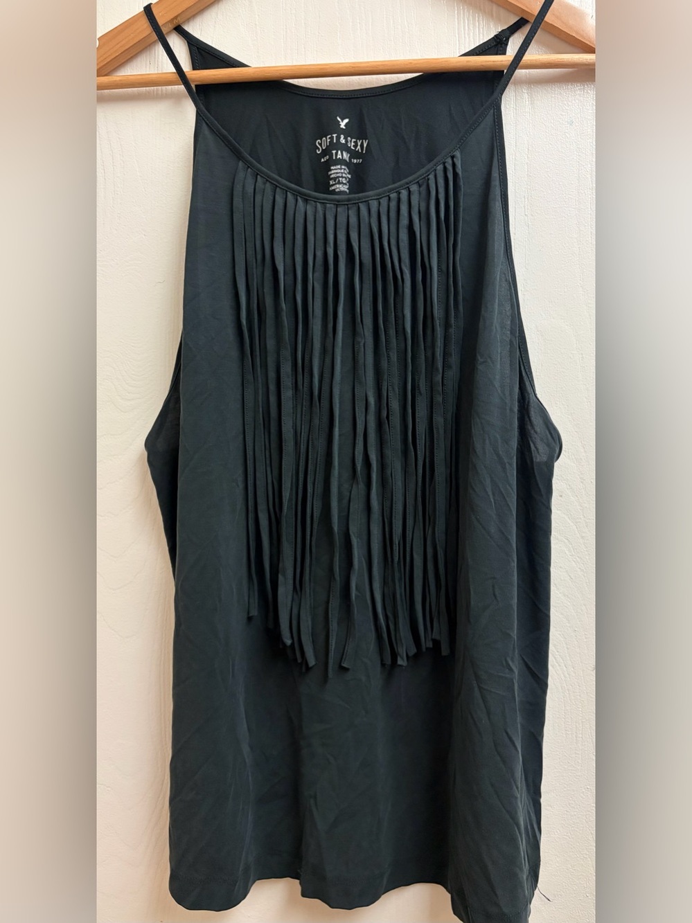 AEO Soft & Sexy Black Fringe Tank Top XL Boho Sleeveless Cami